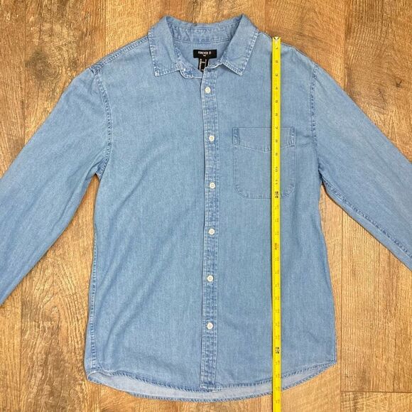 Forever 21 Men’s Blue Button Down Denim Shirt Long Sleeve 100% Cotton sz S NWT - Picture 6 of 7